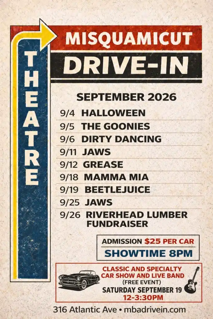 Misquamicut Drive-In Theatre schedule for September 2026